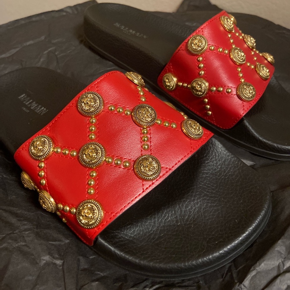 Balmain Red Leather Slides
